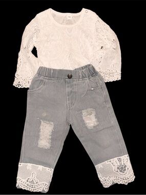 Toddler Gray Denim Jeans Set with White Lace Trim Bodysuit